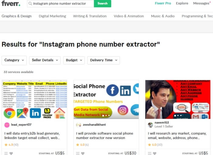 Fiverr for IG profile phone number extractor 