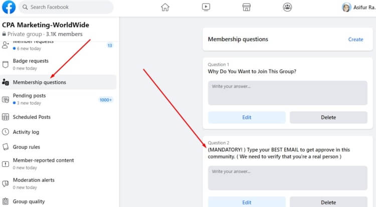FB group membership questions example