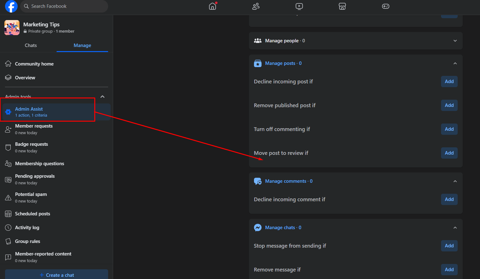 Use the “Admin Tools” to monitor posts and comments