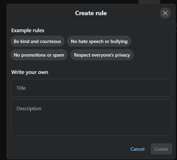 Set Rules: Add rules like “No promotions or spam” or “Respect everyone’s privacy.”
